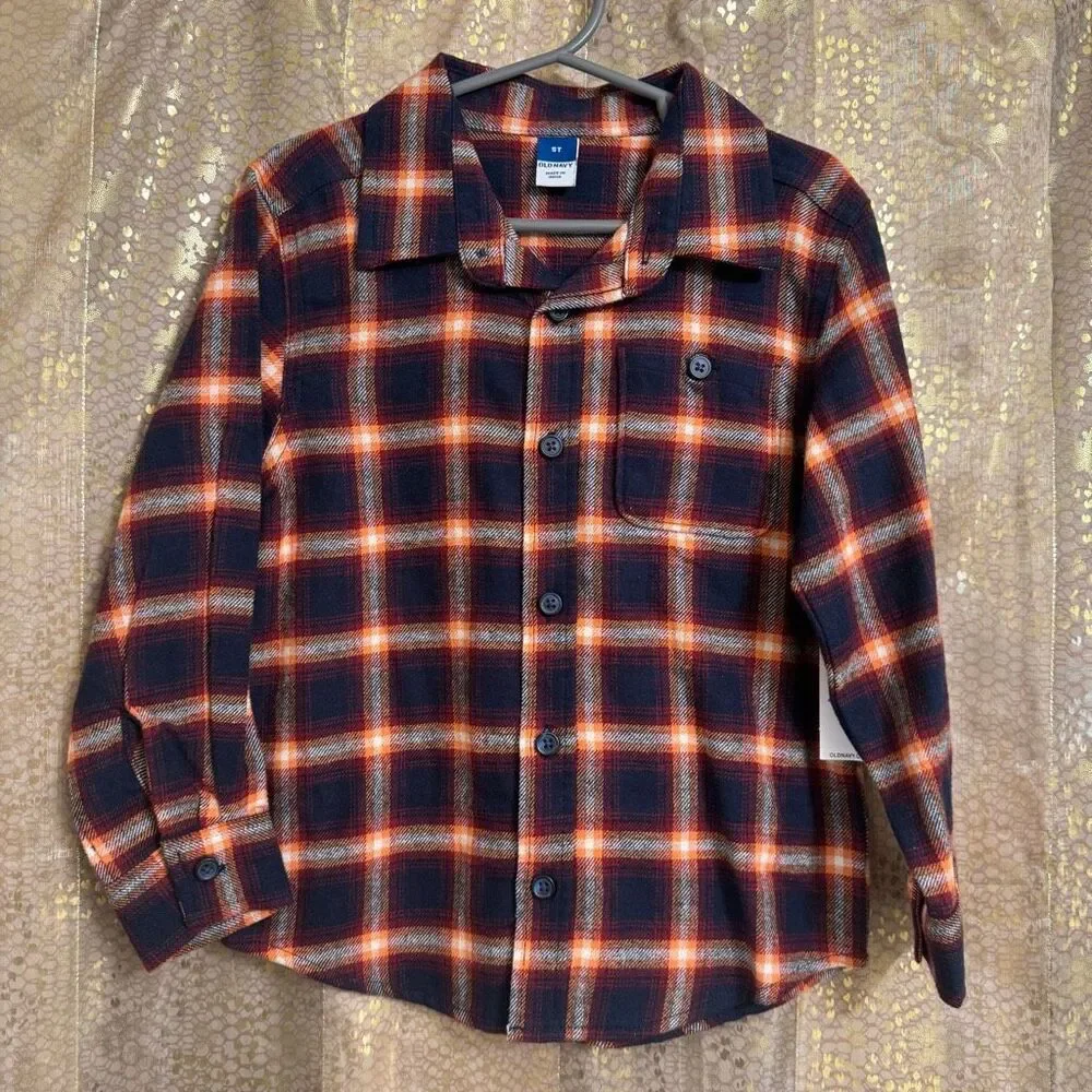 Old Navy Plaid Orange Fall Flannel Button Up Toddlers Size 5T NWT